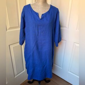 Brin D Ete Sz XXL 100% Linen Cobalt Blue Shift Dress Short Sleeve V Neck